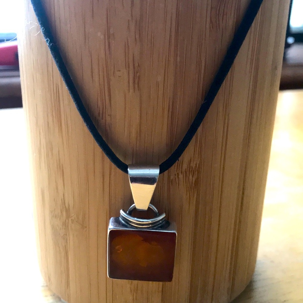 3/4” square Amber + sterling silver pendant + cord